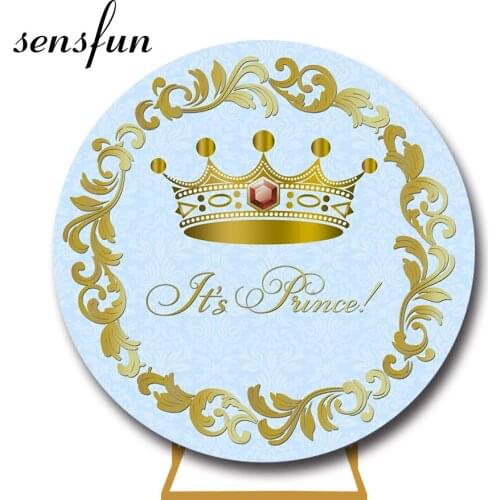 Sensfun Blue Gold Crown Boy Baby Shower Round Backdrop Its Prince Gender Reveal Party Circle Photography Background Customized