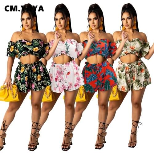 CM.YAYA Summer Leaf Floral Sweatsuit Womens Set Off Shoulder Crop Tops and Shorts Matching Two 2 Piece Set Tracksuit Outfits