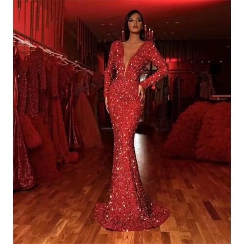 Sexy Women Dresses Long Sleeve Red V-Neck Sequin Floor Length Bodycon Maxi Long Dress Party Dress