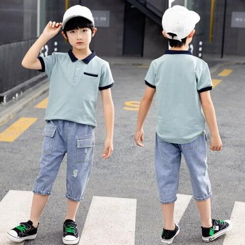 Summe Boy 2 Piece Set Shirt Jeans Shorts Handsome Casual Clothes New Teens Outfits