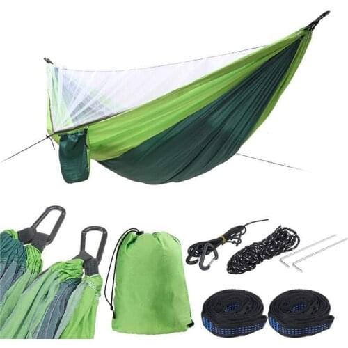 Light Dark Green Camping Hammock With Mosquito Net Outdoor High Strength Fabric Hanging Bed Sleeping Swing