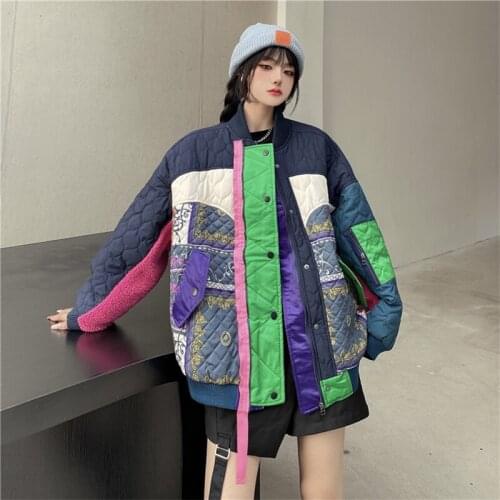 Women Zipper Pocket Jackets Irregular Contrast Color Stitching Long Sleeve Loose Warm Baseball Uniform Winter Street clothes