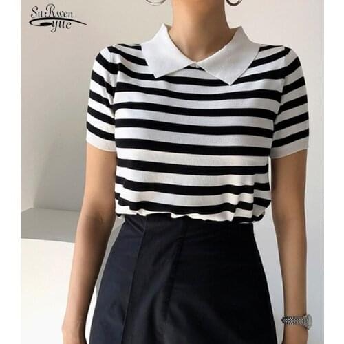 2021 Summer Fresh Lapel Short Sleeve Women T-shirt Knitwear Thin Ice Silk Lady T-shirt Simple Elegant Fashion Women Blusas 15653