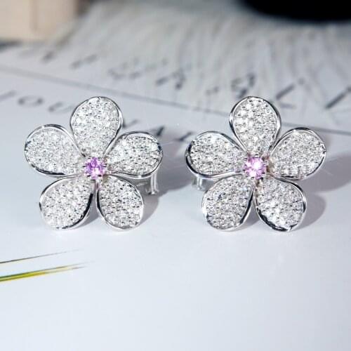 Big Flower 100% Real 925 sterling silver Earrring AAAAA Cz Charm Engagement Wedding Stud Earrings for women Bridal Party Jewelry