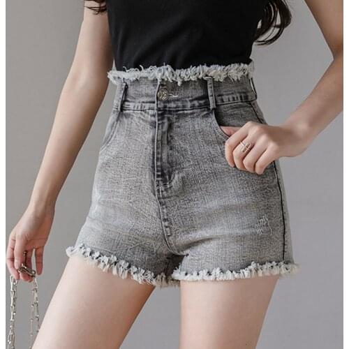 Woman Shorts 2021 Summer High Waist Tassel Sistressed Denim Shorts Korean Fashion Slim Stretch Black Gray All-match Jean Shorts