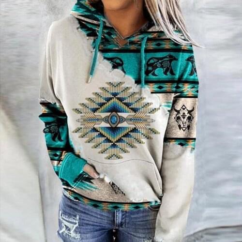 Retro Printed Long Sleeve Autumn Women Hooded Sweatshirt Fashion Loose Streetwear Pocket Pullover Winter Warm Drawstring Hoodie