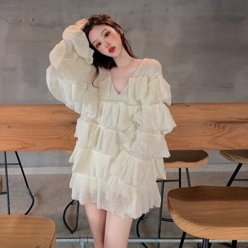 Women Fashion V Neck Loose White Thin Sweater 2021 Spring Summer Oversize Ruffled Hem Long Knit Pullover Top Female Casual Shirt
