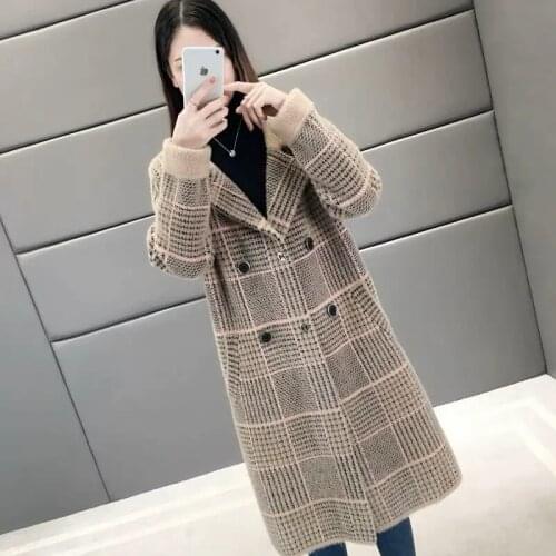 Plaid Imitation Mink Velvet Long Coat 2021 Women Autumn Winter Warm Loose Wool Blends Jacket Korean Fashion Fleece Overcoat