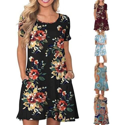Vintage Floral Print Boho Dress Women Short Sleeves Round Neck Pockets Mini Dresses Summer Casual Loose Beach Dress Vestidos