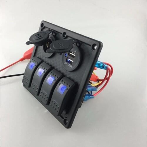 12V-24V DC 4 gang Waterproof marine blue led switch panel with power socket and USB