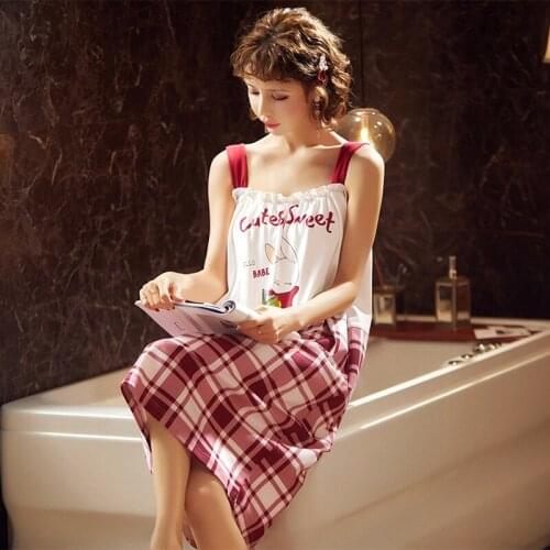 2020 Summer 100% Cotton Sexy Lingerie Spaghetti Strap Nightgowns for Women Casual Plaid Sleepwear Nightdress Night Dress Nighty