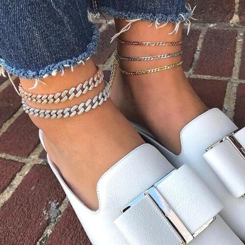 2021 Summer New Fashion Adjusted Anklet For Women Gold Color Hiphop Cuban Link Iced Out Bling Clear Cz Leg Chain Anklet Jewelry