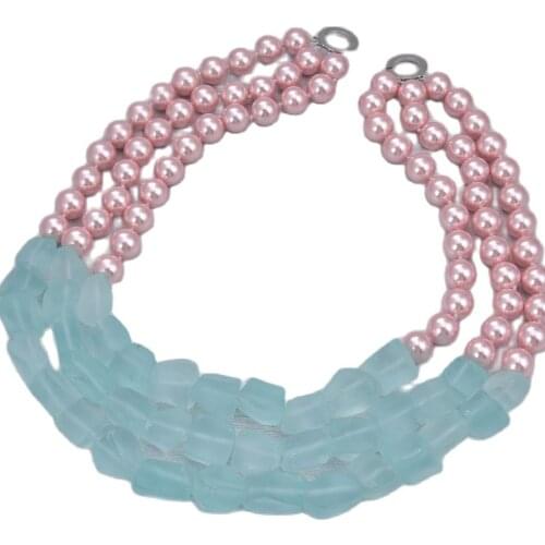 GG Jewelry 3 Strands Sea Shell Pearl Blue Quartz Rough Necklace