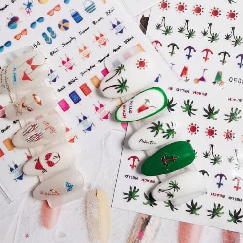 5 pcs New nail stickers 3d Glue nail decals summer vacations ocean breezes Navy sailboats bathing suits coconut trees