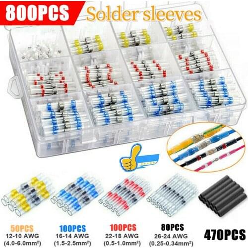 800/400/250Pcs Heat Shrink Butt Crimp Terminals Waterproof Solder Seal Electrical Butt Connectors Wire Cable Splice Terminal Kit