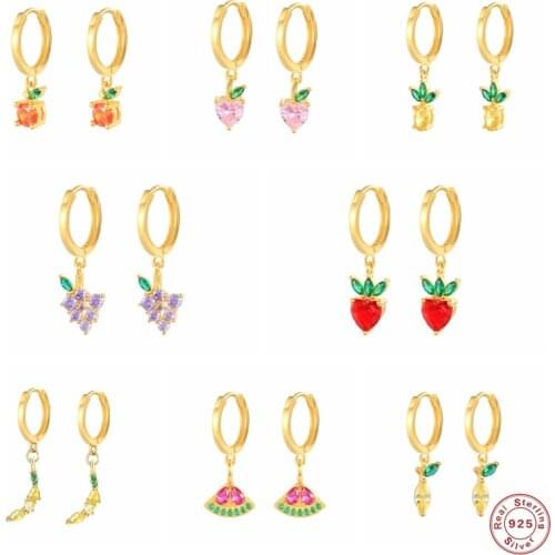 925 Sterling Silver Hoop Earrings Korean Summer Cute Crystal Fruit Earring Aros Fresa Platano Women Jewerly Pendientes Brincos