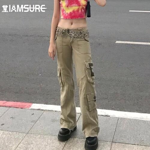 IAMSURE Pockets Cargo Pants Streetwear Loose Solid Low Waisted WomenS Trousers Wide Leg Pants 2021 Fashion Baggy Outfits Lady