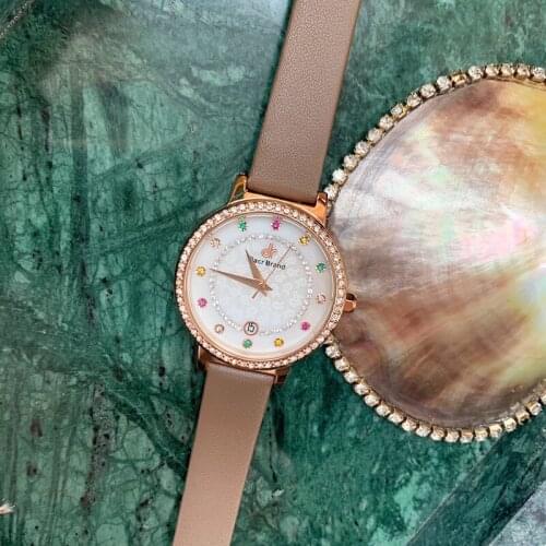 12 Jewels Women Colorful Rhinestones Watches Waterproof Real Leather Strap Watch Quartz Crystals Students Wrist watch Calendar