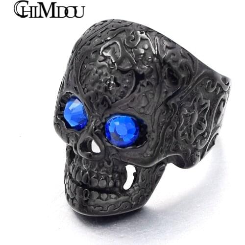 CHIMDOU flower tattoo blue eyes skull Men Ring Black stainless steel ring for man jewelry new arrival 2019 AR406