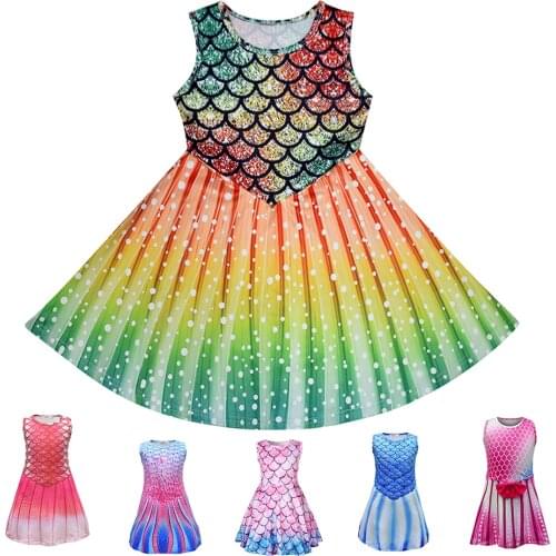 Kids Milk Silk Summer Dress Girl Mermaid Scales Printed Dresses Sleeveless Girls Princess Sundress Children Party Frock Vestido