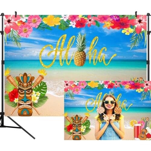 Summer Aloha Luau Party Backdrop for Tropical Hawaiian Beach Photography Backdrop Sea Palm Birthday Music Party Baby Shower