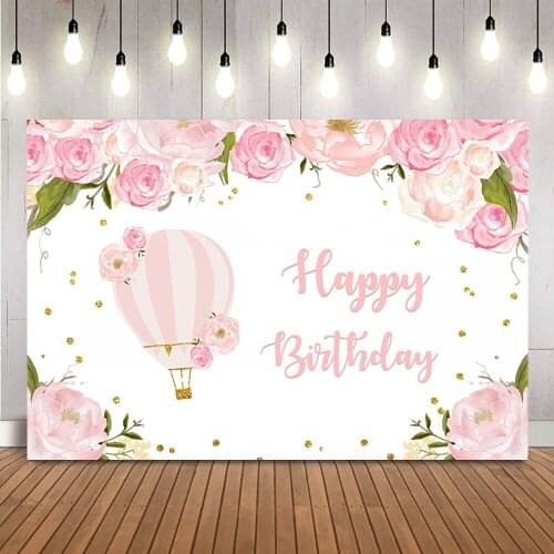 Hot Air Balloon Backdrop Pink Floral Birthday Photo Background Girls Newborn Kids Birthday Theme Party Decorations Photocall