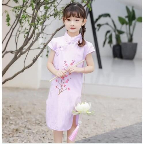 Girl Short Sleeve Cheongsam Chinese Style Embroidery Cotton Dress for New Year Festival Dresses Baby Girl Birthday Gift