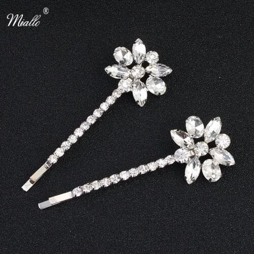 Miallo 2pcs/lot Brief Flower Women Hair Clips Austrian Crystal Stone Wedding Bridal Bride Barrette Hair Accessories for Girls