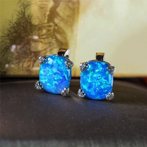 Cute Female White Blue Opal Stone Earrings Trendy Small Square Stud Earrings For Women Vintage Charm Bridal Wedding Earrings