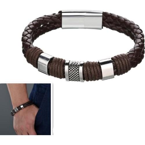 High Quality 2019 New Arrival Black brown Men PU Leather 1PC Punk Boys Unique Zinc Alloy Weave Knit cuff Bracelet Gifts