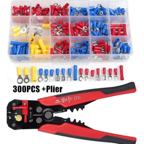 300PCS Cable Wire Stripper Spade Terminals Set Kits Insulated Cable Connector Electrical Wire Crimp Butt Ring Fork Set Ring Lugs