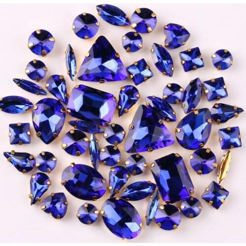 Gold claw setting 50pcs/bag shapes mix sapphire glass crystal sew on rhinestone wedding dress shoes bags diy trim