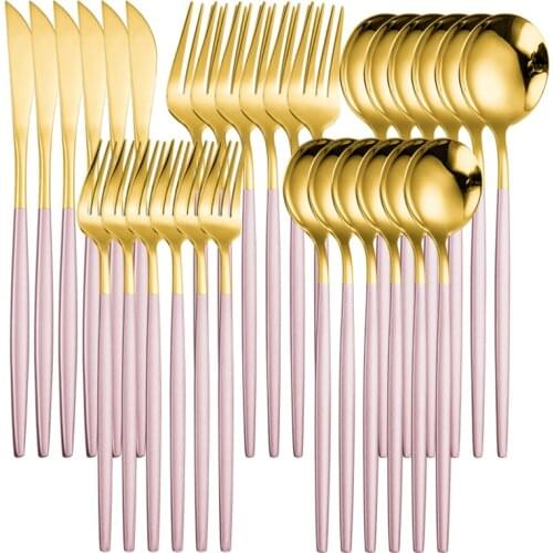 30PCS Pink Gold Tableware Dinner Cutlery Set Dishes Knives Forks Spoons Western Kitchen Dinnerware 18/10 Stainless Steel Cutlery