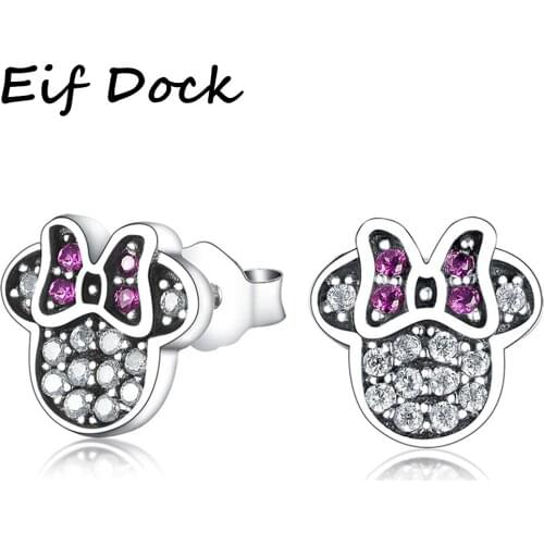 Eif Dock Silver Color Stud Earrings for Girls Kids Baby Lovely Minnie Shaped Crystal Earrings Female Jewelry Birthday Gift