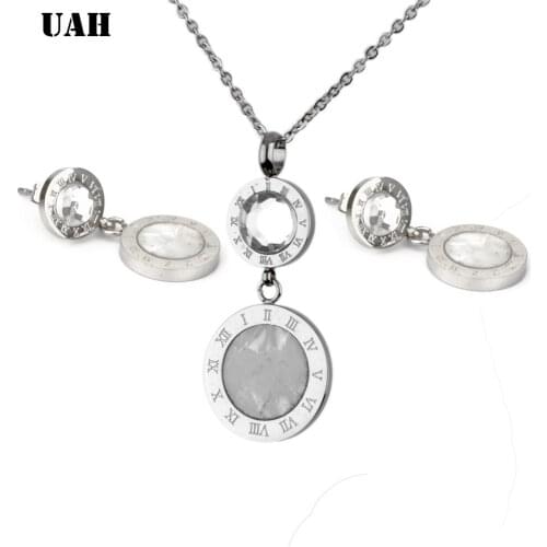 UAH Charming Stainless Steel Silver Color Necklace & Earrings Jewelry Set for Women Female Roman Numeral Round Earring Necklace