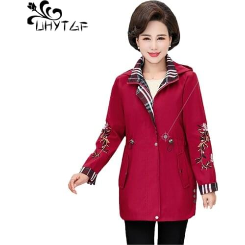 UHYTGF 5XL Plus Size Outerwear Fashion Hooded Embroidered Spring Autumn Trench Coat Female Elegant Mom Windbreaker Overcoat 1379
