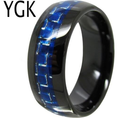 YGK Wedding Jewelry Black Dome With Blue Fiber Inaly Tungsten Rings for Mens Bridegroom Wedding Engagement Anniversary Ring