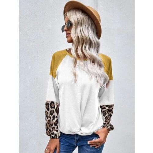2021 Spring Autumn Women Long Sleeve T-shirt Fashion Leopard Printed Color Matching Folds Shirt Female Oversized Tee Top