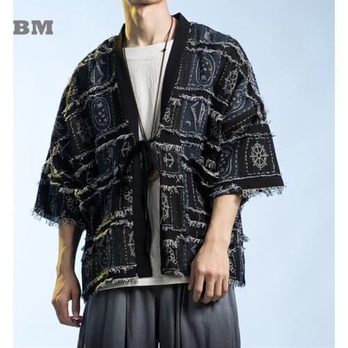Traditional Chinese Costume Summer Tattered Knit Short Sleeve Cardigan Couples Robe Plus Size Patch Hanfu Tai Chi Coat Men