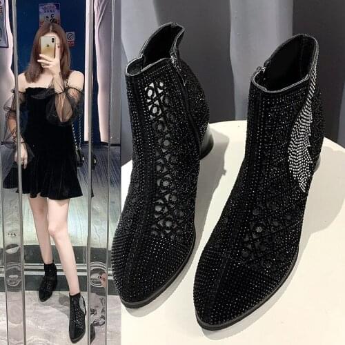 Large Size 2021 Summer New Rhinestone Thick Heel Martin Boots Womens Mid-heel Pointed Short Boots Hollow Mesh Sandals Women