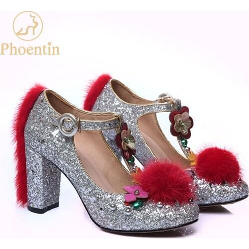 Phoentin Silver wedding shoes with fur bling synthetic super high heels ladies flower shoes T-strap buckle women pumps new FT336