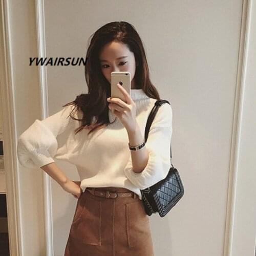 YWAIRSUN Black Korean version of the new autumn sweater solid color half turtleneck lantern sleeve pullover sweater shirt women