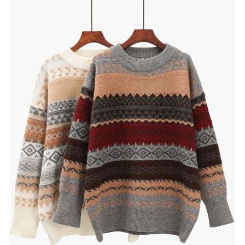 High quality 2021 Women Vintage Pullover And Sweaters Winter Loose Style Striped Jumpers Korean Style Knitwear Casual Tops Femme