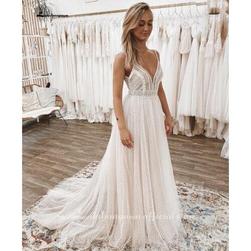 Spaghetti Strap Wedding Dress Bohemian Rustic Boho Sweep Train Bridal Gown Sleeveless Spaghetti Strap Beach Elegant For Women