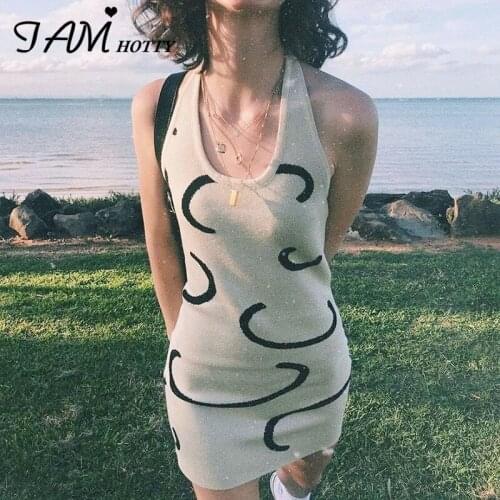 Beach Party Striped Knitted Strap Mini Dress Summer 2021 Backless Sexy Halter Sundress Retro Bodycon Dresses Women y2k Iamhotty