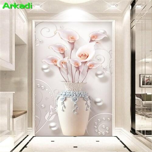 3D vase lilies entrance hallway wallpaper painting vertical version of the modern minimalist European relief wall cloth aisle