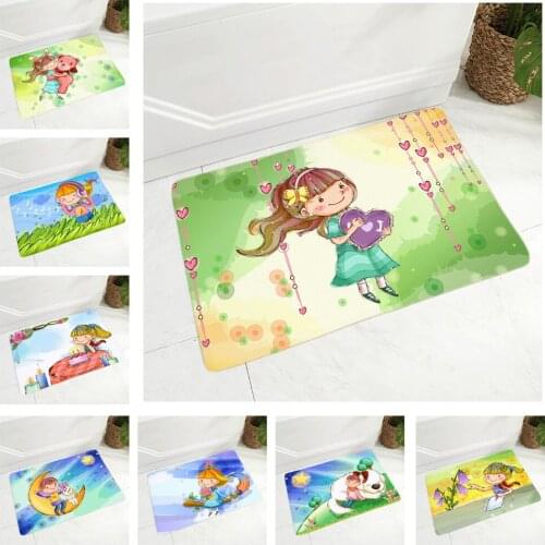 Colorful Cute Cartoon Girl and Boy Floor Mat for Children Room Hallway Non-Slip Decor Kid Doormat Flannel Carpet 40x60cm