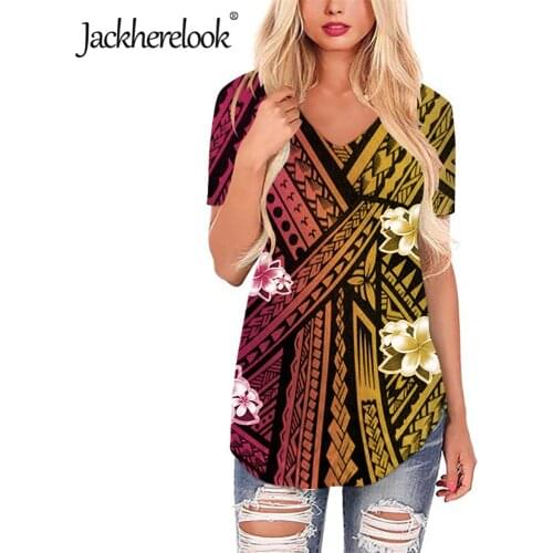 Jackherelook 2020 Casual T Shirts Short Sleeve Tee Women Clothing Polynesian Tribal Hawaiian Hibiscus Print Summer V-neck Tops