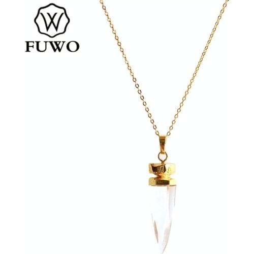 FUWO Fashion Design Clear Quartz Necklace With Gold Trimmed Brass Chain For Women Raw Crystal Quartz Long Chain Jewelry NC259
