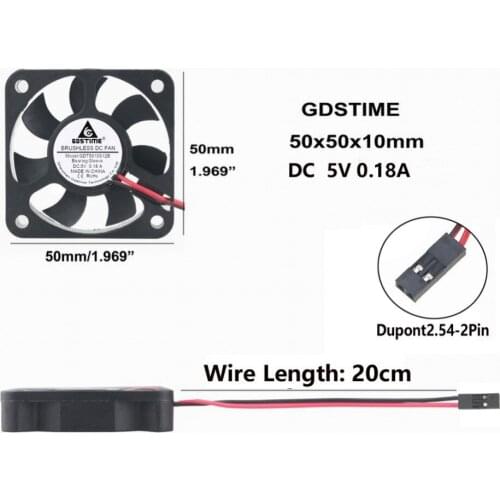 Gdstime 2 pcs 50mm x 10mm 5V Dupont 2Pin Connetor 5cm Brushless DC Cooling Fan 50x50x10mm 5010 PC Chip Raspberry Small Cooler